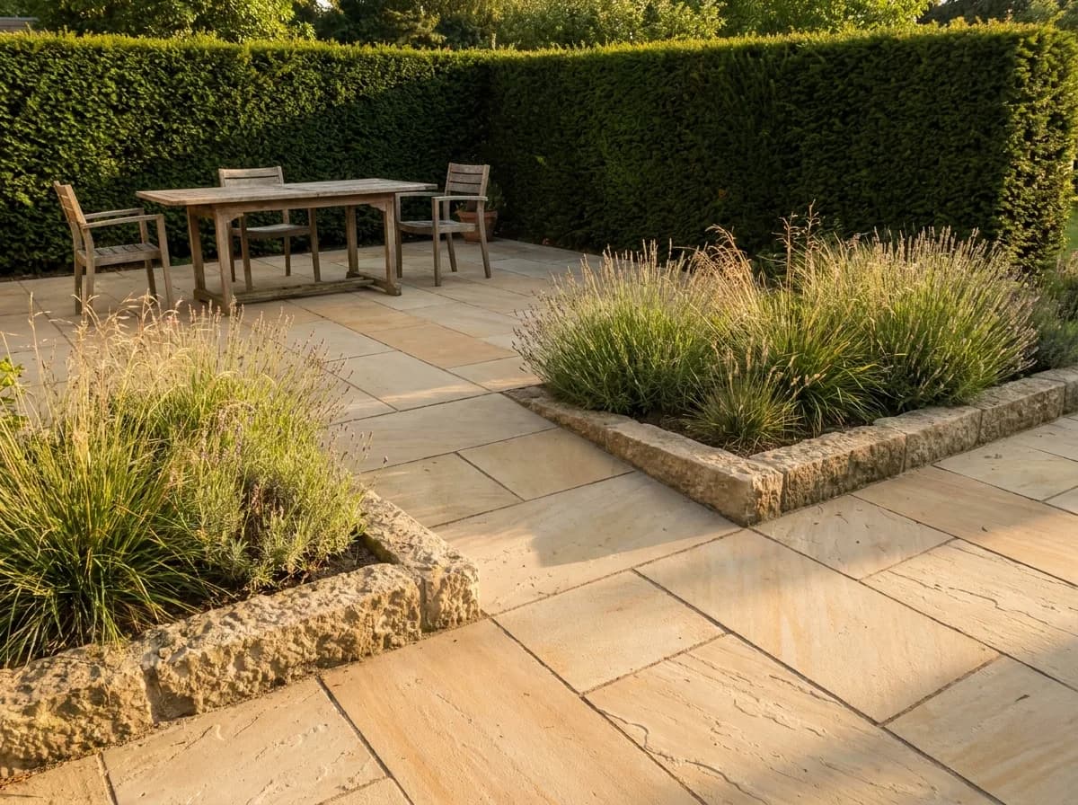 Neu verlegte Natursteinterrasse mit Hochbeet und geschnittener Hecke