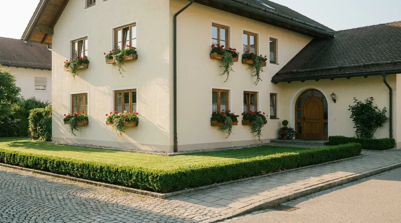 Wohnhaus in München mit frisch gemähtem Rasen und geschnittener Hecke am Eingangsweg