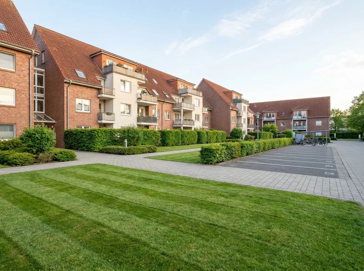 Gepflegte Rasenfläche mit geschnittenen Sträuchern
