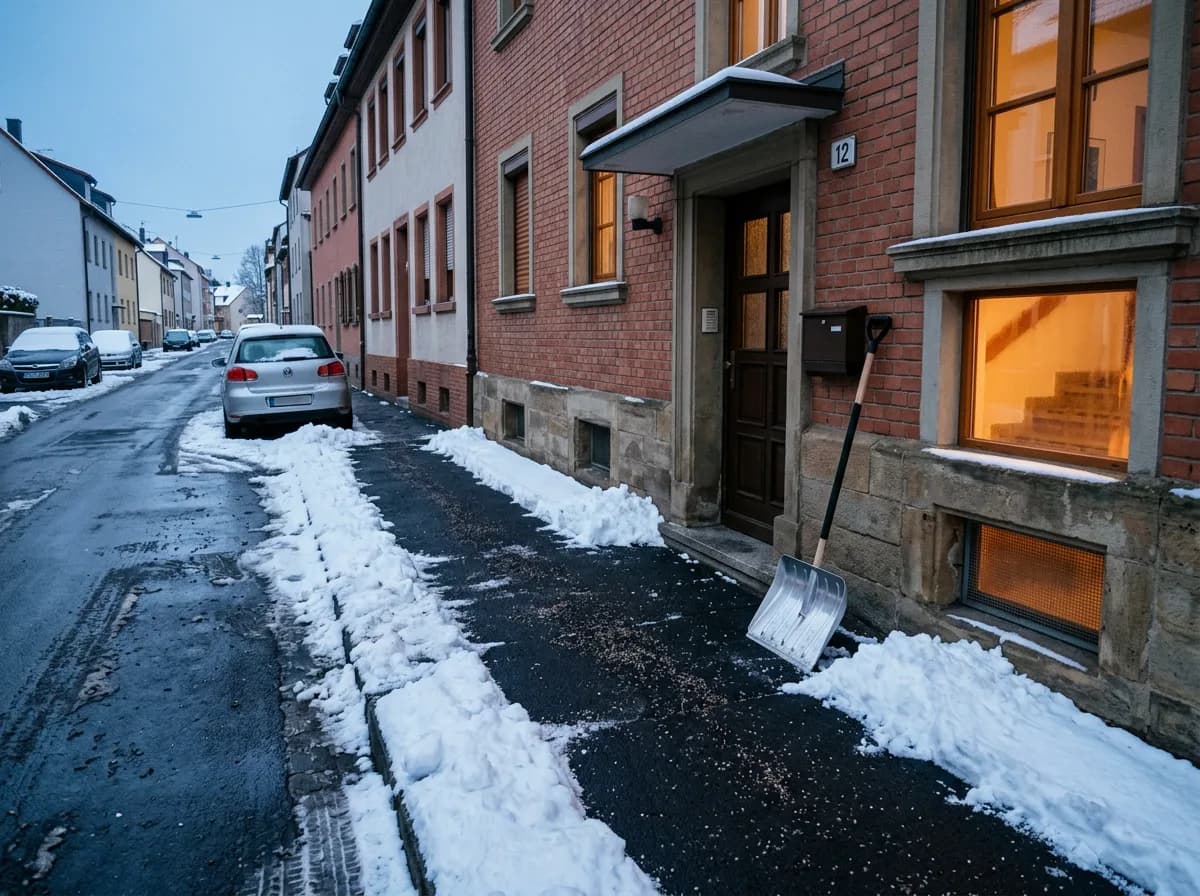 Geräumter und gestreuter Gehweg vor einem Hauseingang im Morgengrauen